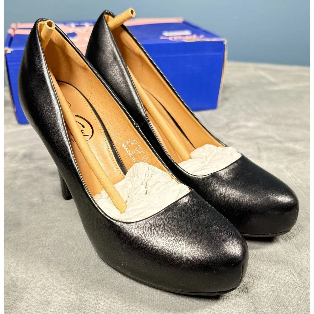 Trary Womens Pumps 5 Black Leather Platform High Heels Round Toe